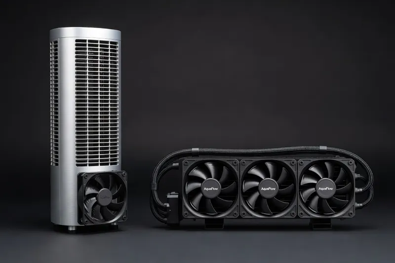 Side-by-side comparison of a tower air cooler and a 360mm AIO