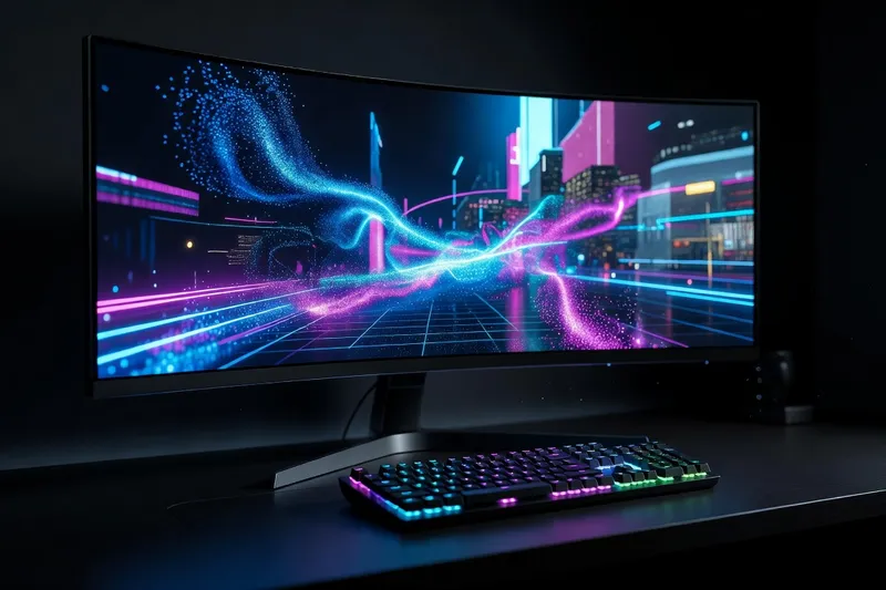 Curved ultrawide gaming monitor glowing on dark desk with game scene reflected on screen