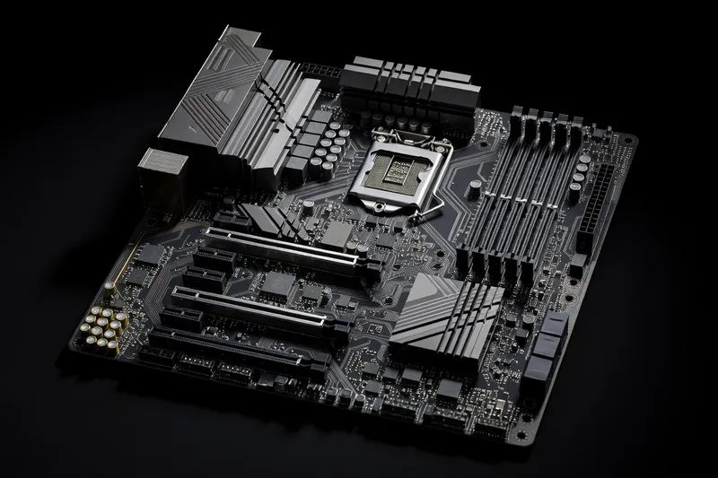 High-end ATX motherboard top-down view with PCB traces, VRM heatsinks and M.2 slots visible