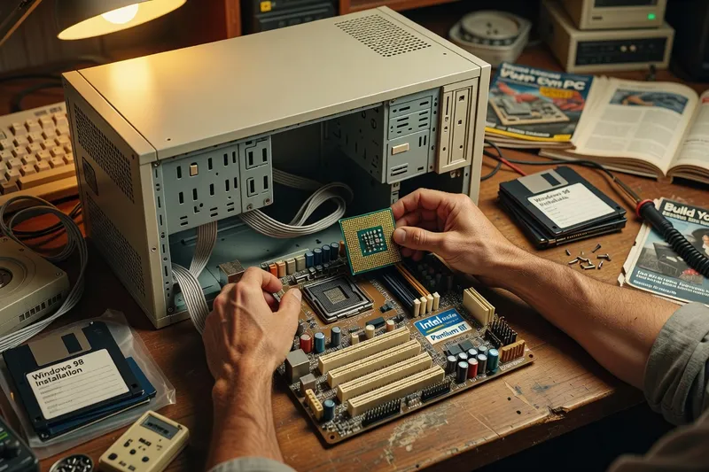 Vintage 1999 PC build: Pentium III processor being installed into a Socket 370 motherboard
