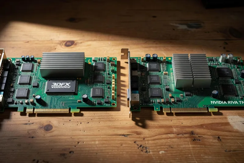 Side-by-side comparison: 3DFX Voodoo2 and NVIDIA RIVA TNT graphics cards from 1998