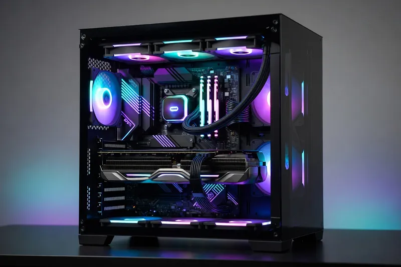 Modern gaming PC build inside a glass case with RGB lighting and visible components