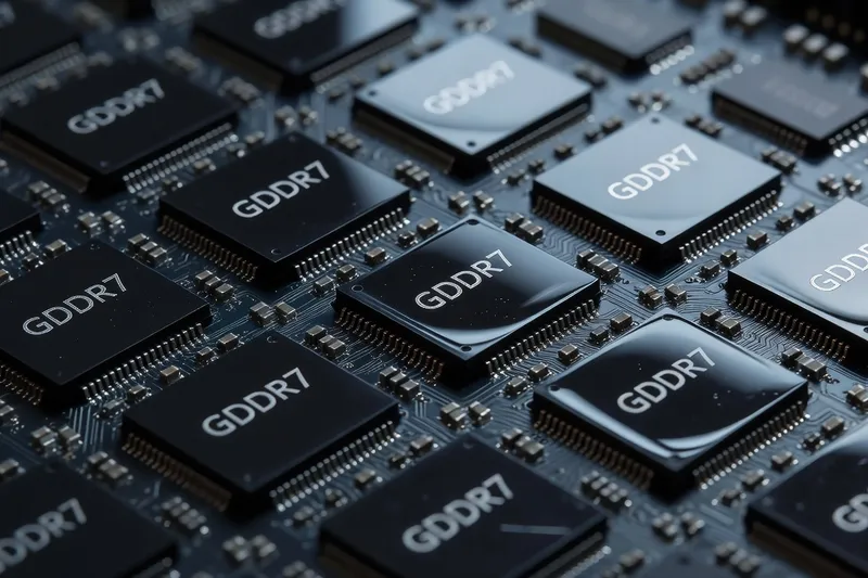 Macro shot of GPU memory chips (GDDR7 packages)