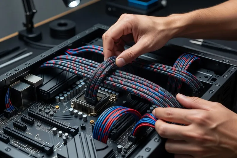 Hands routing braided custom cables behind a motherboard tray
