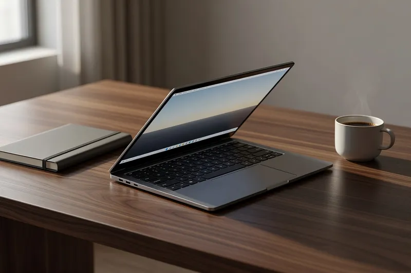 Premium ultrabook open on wooden desk with soft window lighting and clean minimal setup