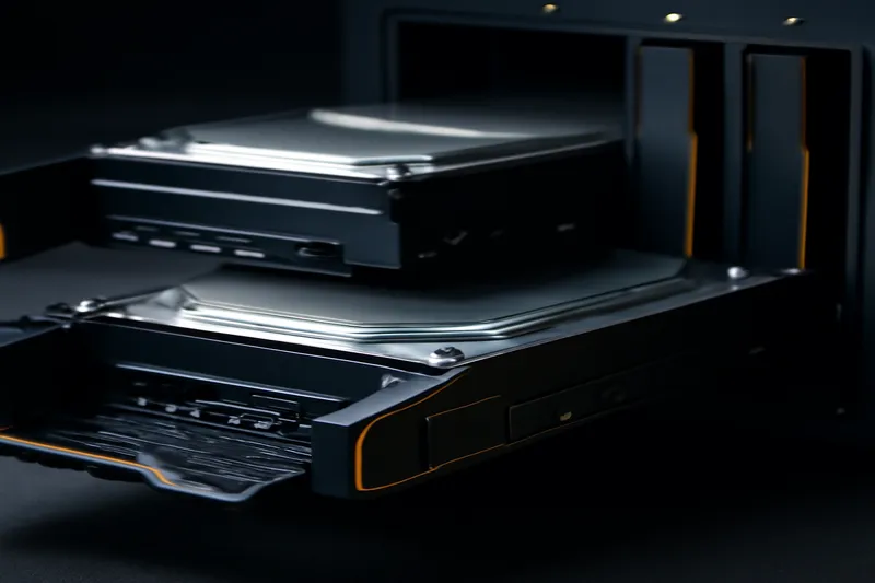 NAS enclosure with multiple drive bays populated with hard drives