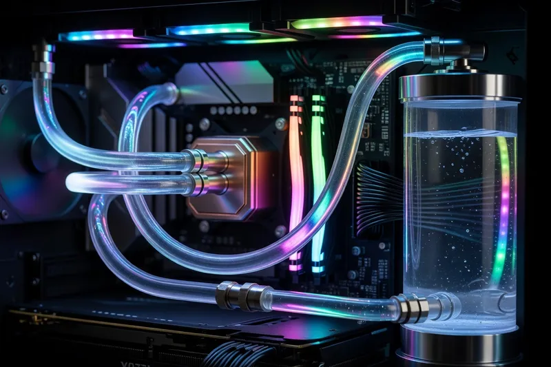 Custom water cooling loop with RGB tubing wrapped around CPU block and visible reservoir