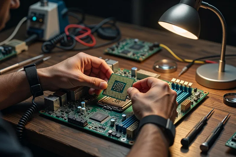 Hands installing CPU into motherboard socket with workshop tools nearby