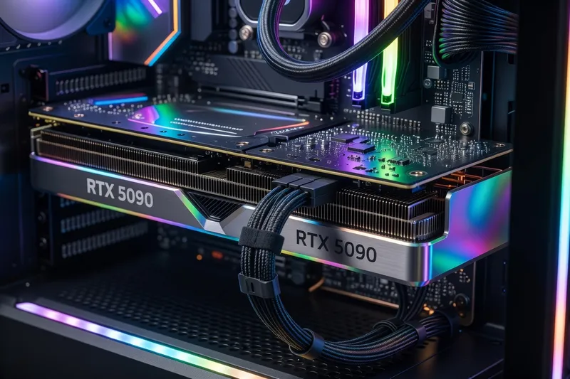 RTX 5090 installed in PC case with 16-pin power connector visible