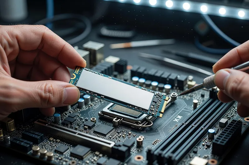 NVMe SSD being installed into a motherboard M.2 slot