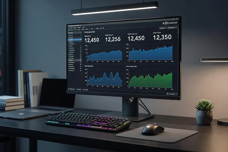 CPU running benchmark showing 16 cores in task manager on a dark desk