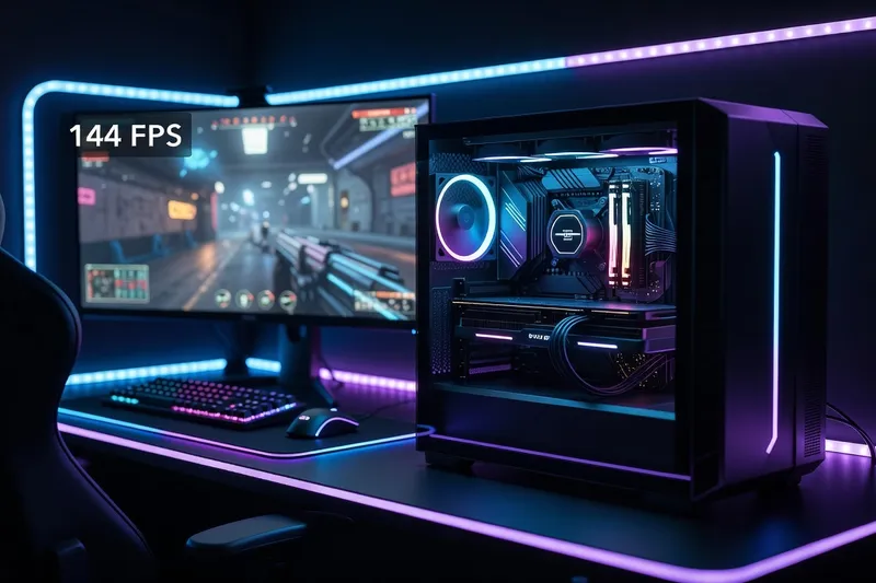 Gaming PC build with modern GPU and RGB lighting through tempered glass case