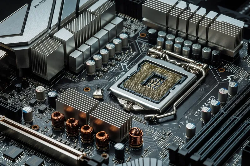 Close-up of motherboard VRM heatsinks and CPU socket area showing power phase design