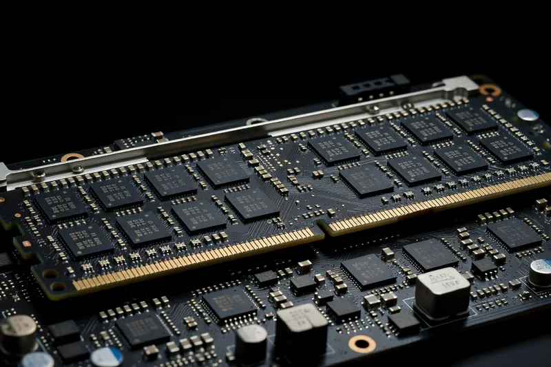 Close-up of DDR5 RAM stick with heatspreader removed showing memory chips
