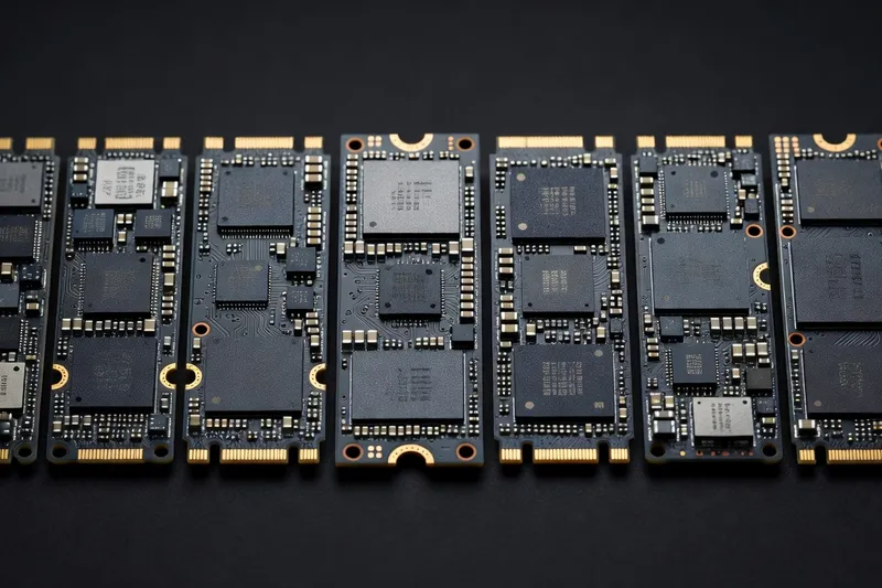 Multiple NVMe SSDs of different generations side by side showing thermal pads and controllers