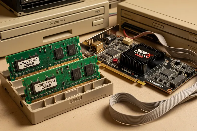 Late 1990s PC hardware components: SDRAM, Voodoo3 graphics card and IDE cables on workbench