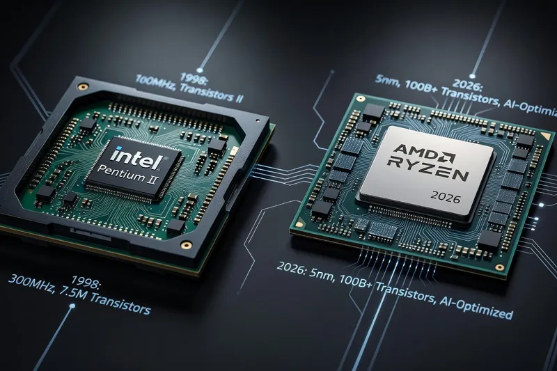 Side-by-side: vintage Pentium II processor next to a modern AMD Ryzen CPU, showing 27 years of progress