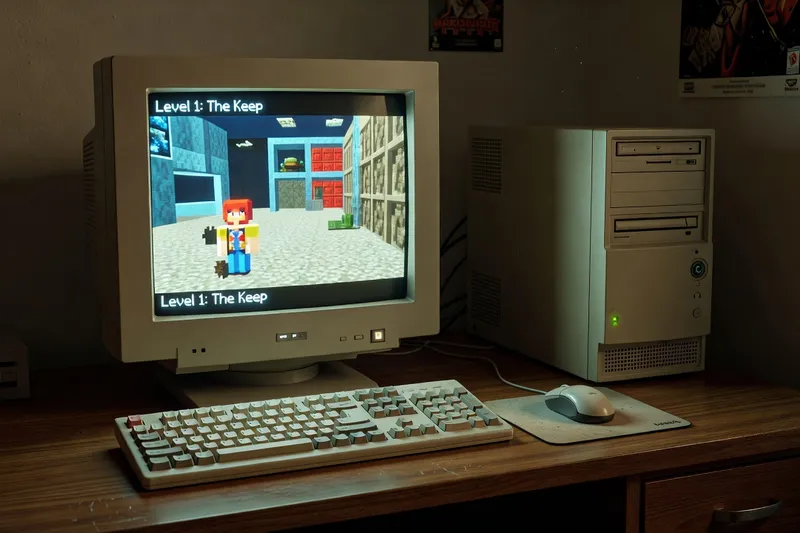Late 1990s CRT gaming setup showing early 3D game running on Voodoo2 hardware