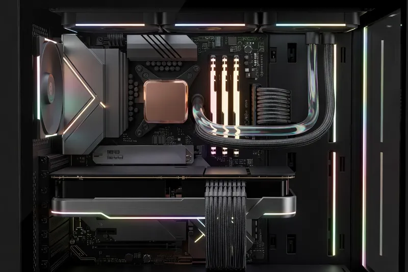 High-end PC build interior view showing premium components, custom cable management and clean assembly