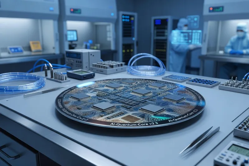 Silicon wafer with AI chip patterns on a clean-room workbench