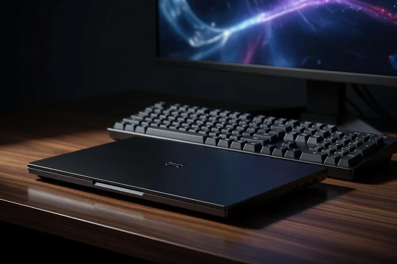Gaming laptop closed on a desk with mechanical keyboard and external monitor in background