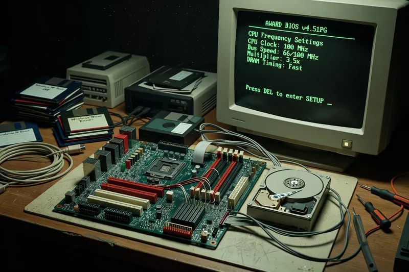 Vintage BIOS screen on CRT monitor showing CPU frequency adjustment for overclocking in 1998