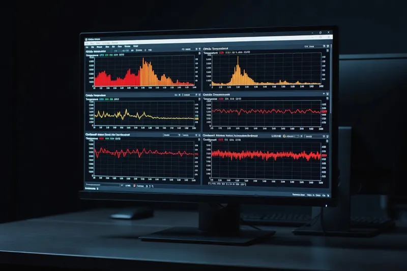 Stress test running on monitor showing CPU temperatures and clock speeds in HWInfo and Cinebench