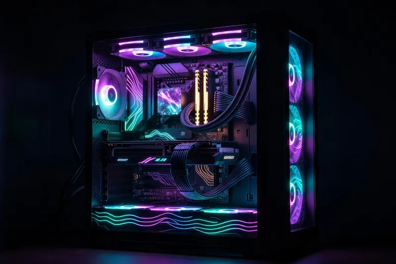 Fully assembled PC build with cable management and components visible through glass side panel
