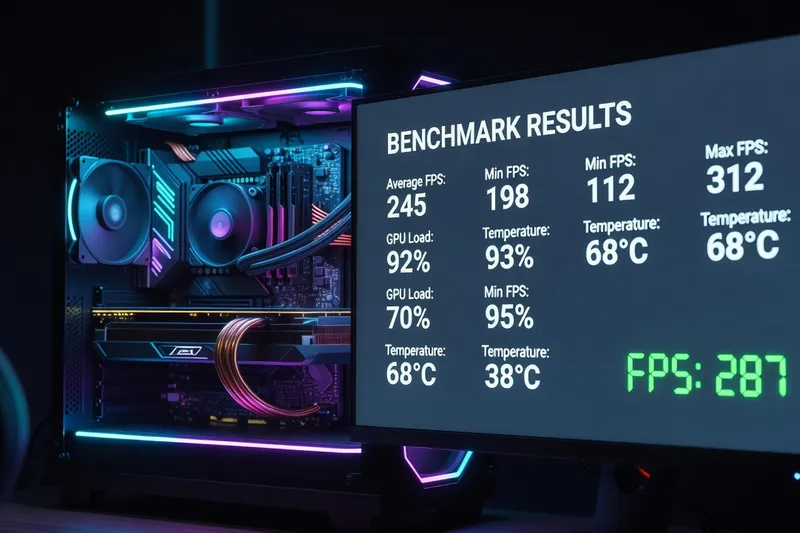 Gaming monitor showing benchmark results with the RTX 5090 in the case